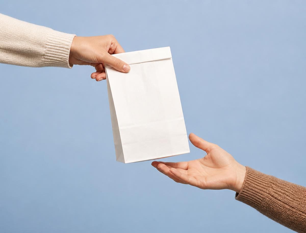 Prescription bag being handed from one person to another