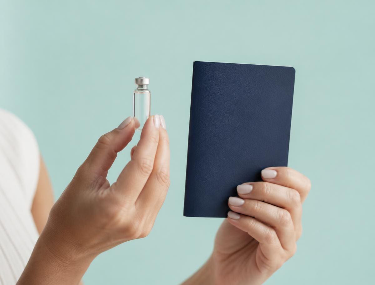 Hands holding a travel vaccine vial and a passport