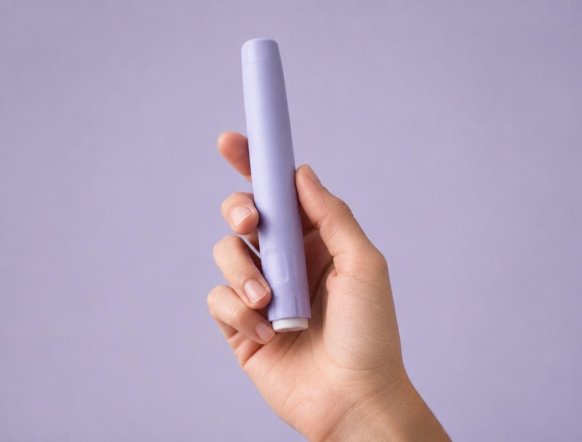 Hand holding a plain weight management injector pen