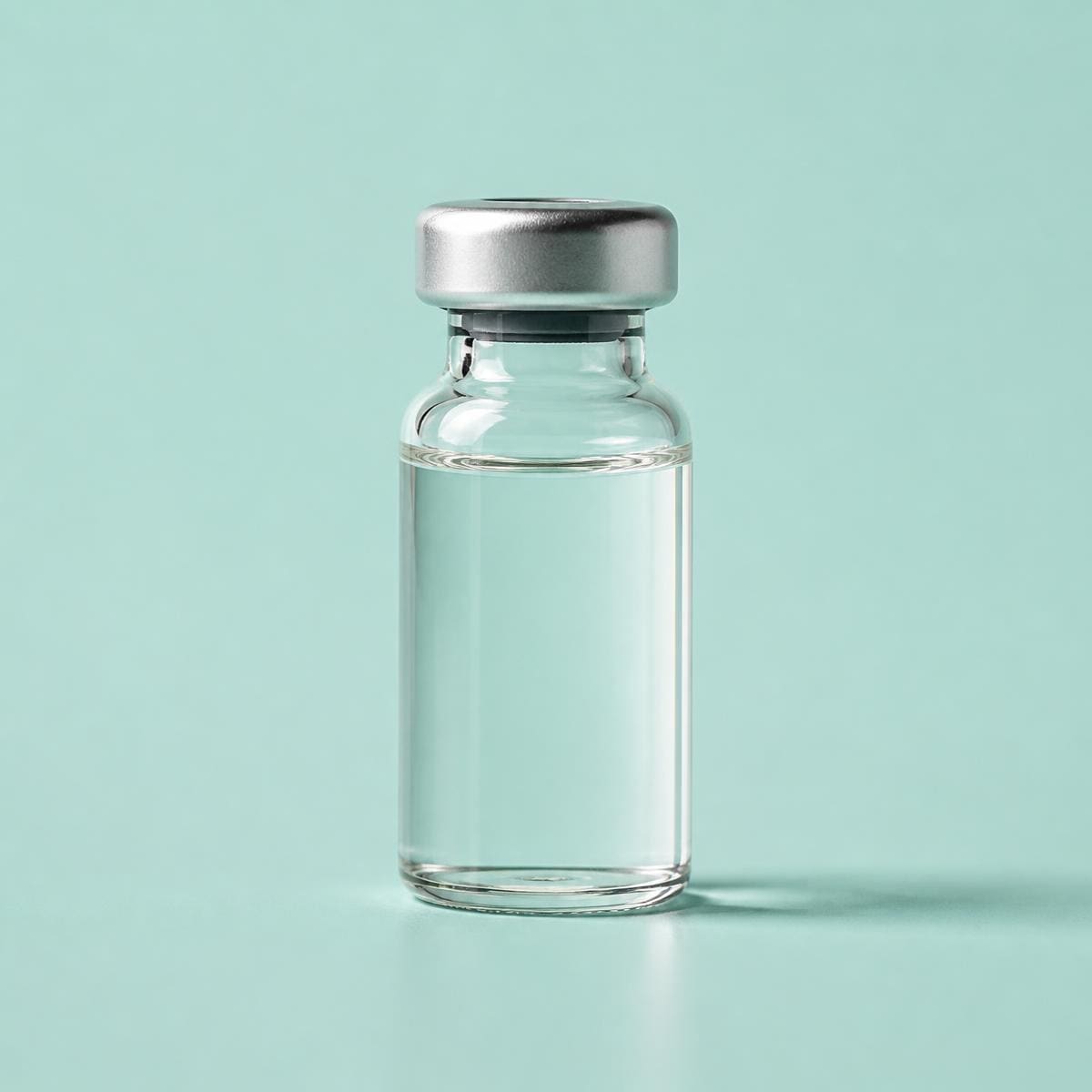 Single travel vaccine vial and syringe on a soft teal background
